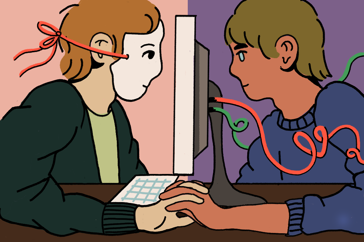An illustration of two people. One is wearing a mask and looking into a computer screen. One is behind the screen. Their fingers are entwined.